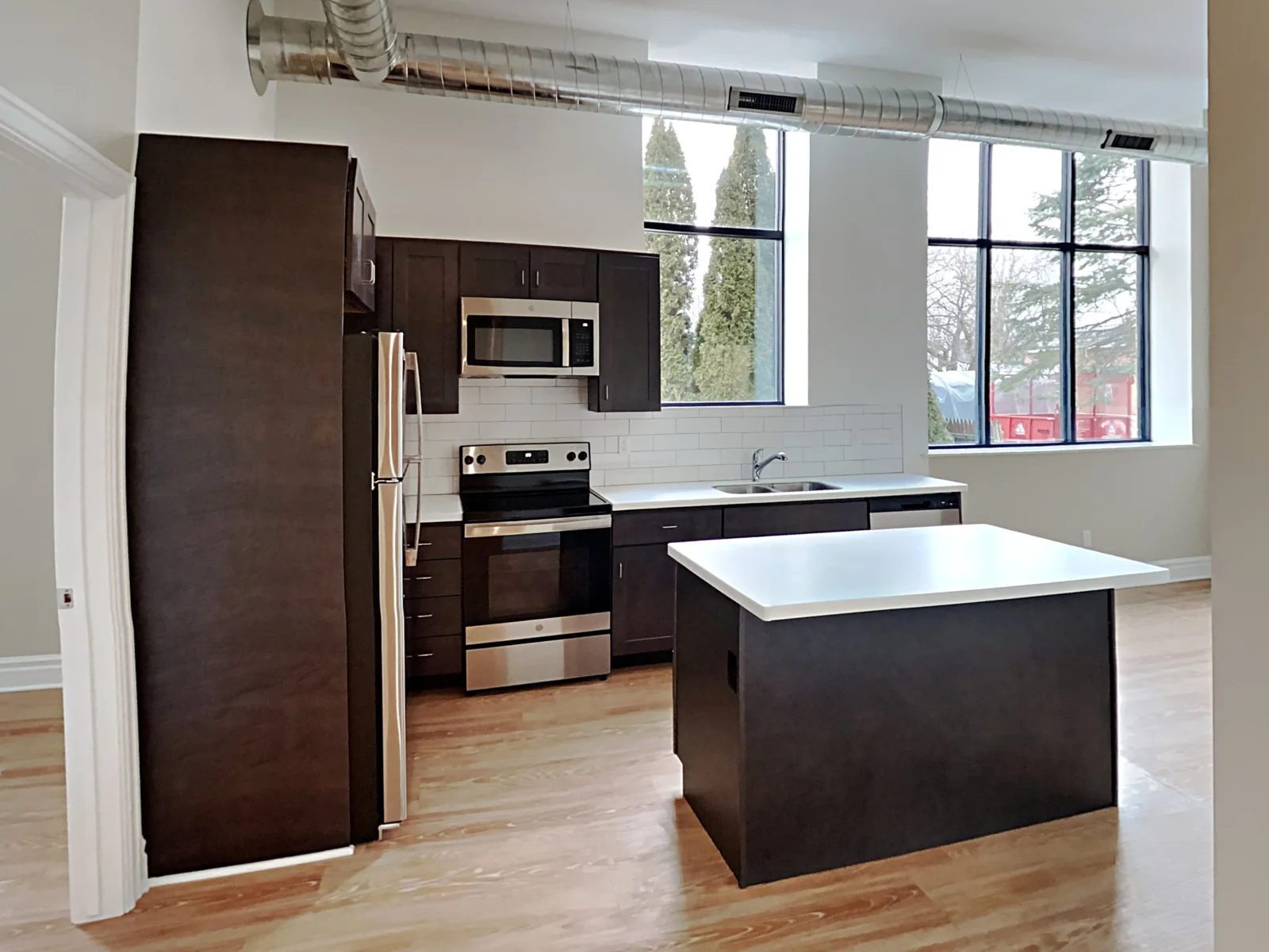 Apartment kitchen and island beside tall windows